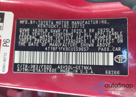 2012 Toyota Camry Le from USA, damaged, VIN 4T1BF1FK9CU559657